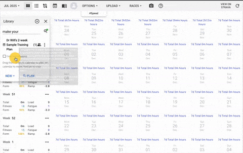 Demonstration of dragging the free training plan from the Intervals.icu library onto the calendar
